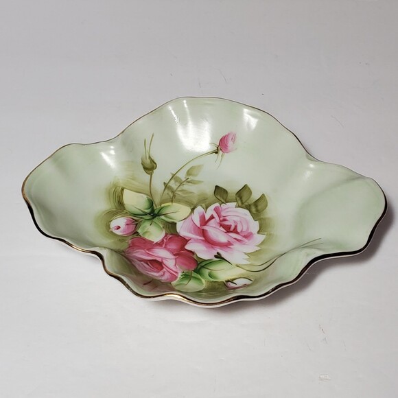 Lefton Candy / Nut Dish Green Heritage Pink Roses Vintage - Picture 2 of 7